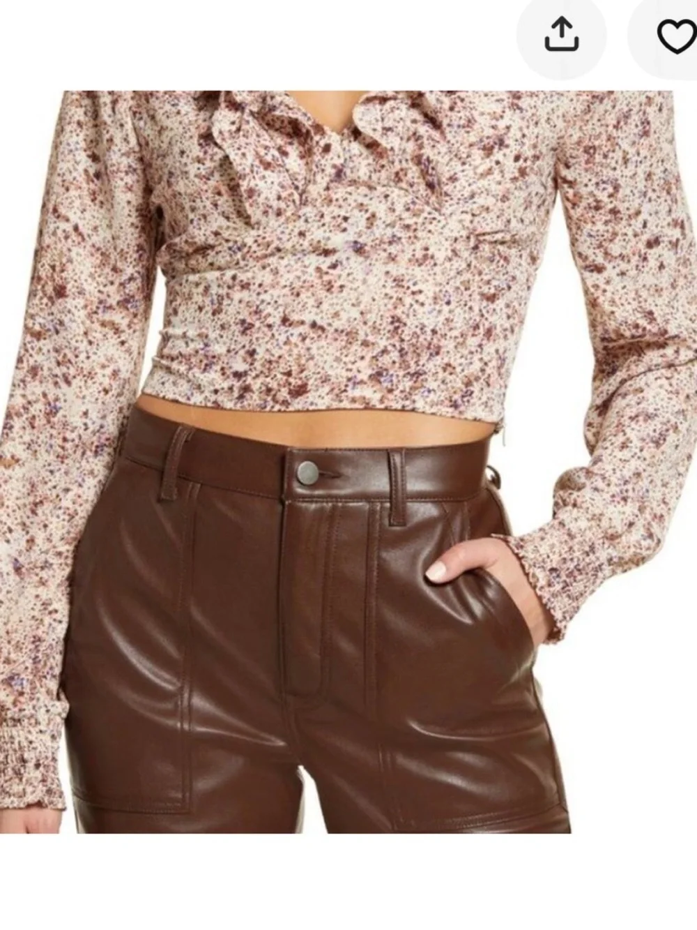 Open Edit Women's ivory multi Flower fields Ruffle V-Neck Blouse crop smocked L